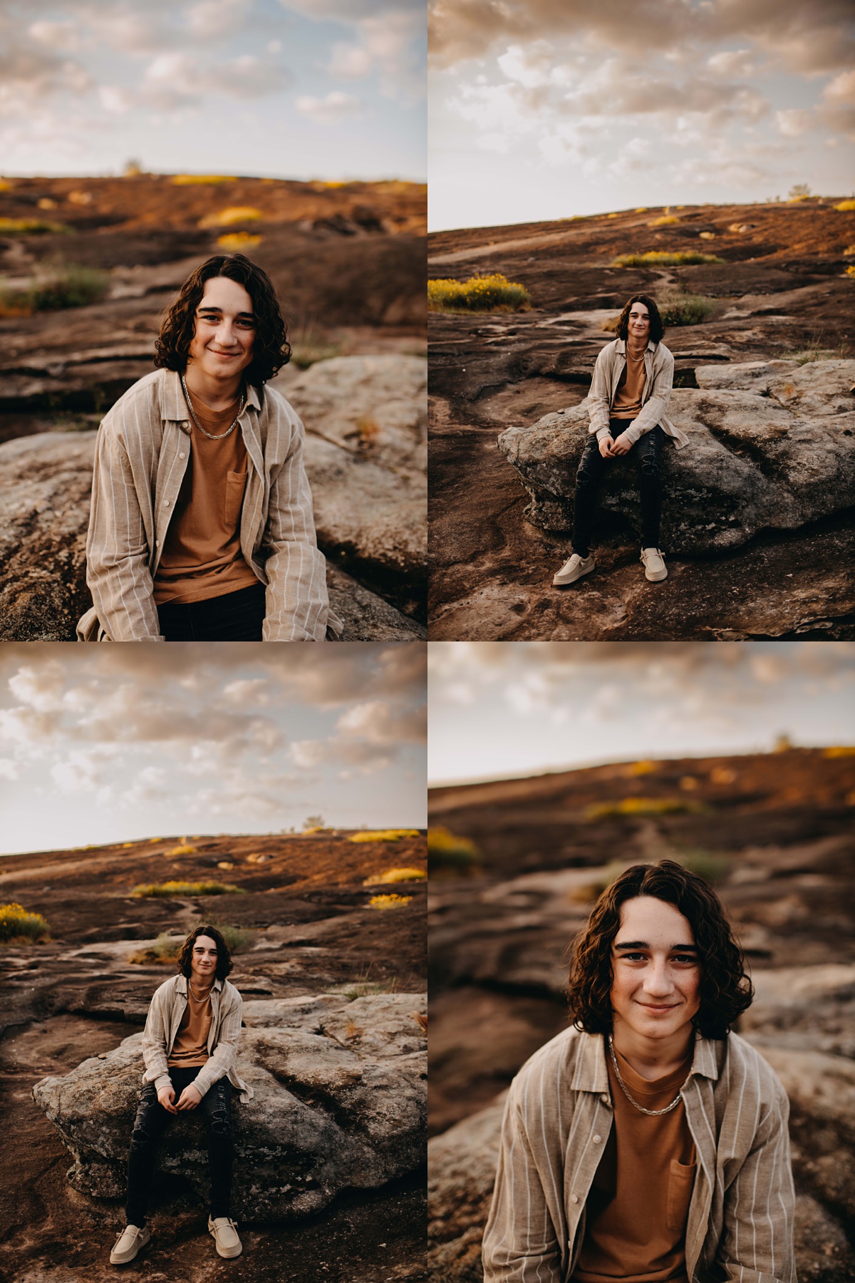 Teen boy posing for photos on a rock at sunset.