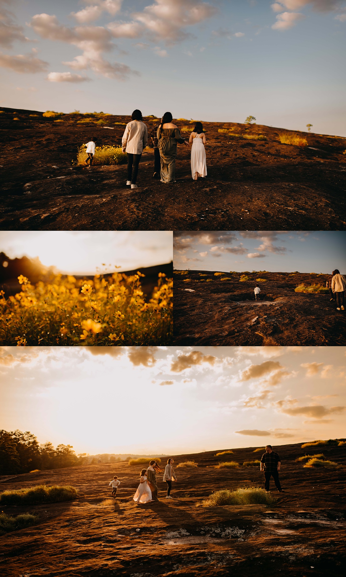 Family walking up a mountain at sunset surrounded by yellow flowers. 