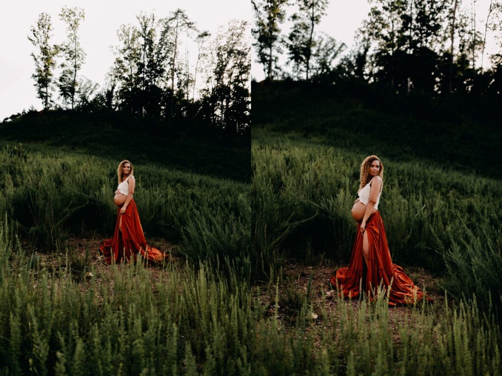 Beautiful black pregnant mother wearing an open belly dress in a field for photos in Marietta, GA.