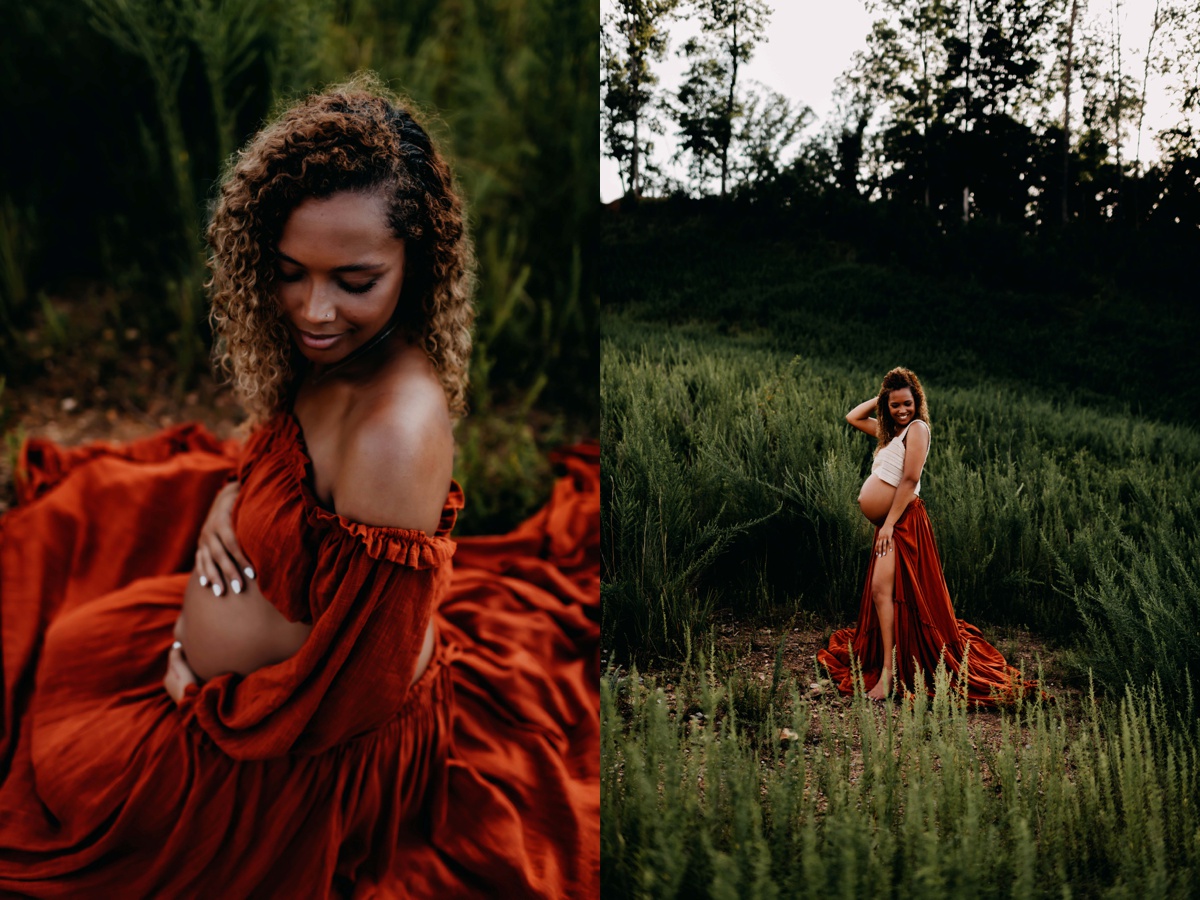 Photos of an expecting mother in a field with a beautiful dress at sunset