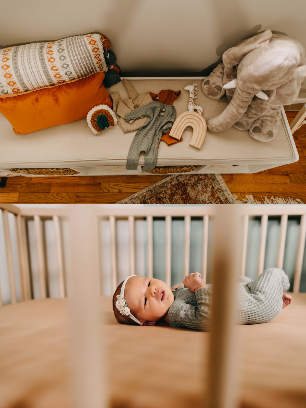 Photos of a newborn baby girl in her crib