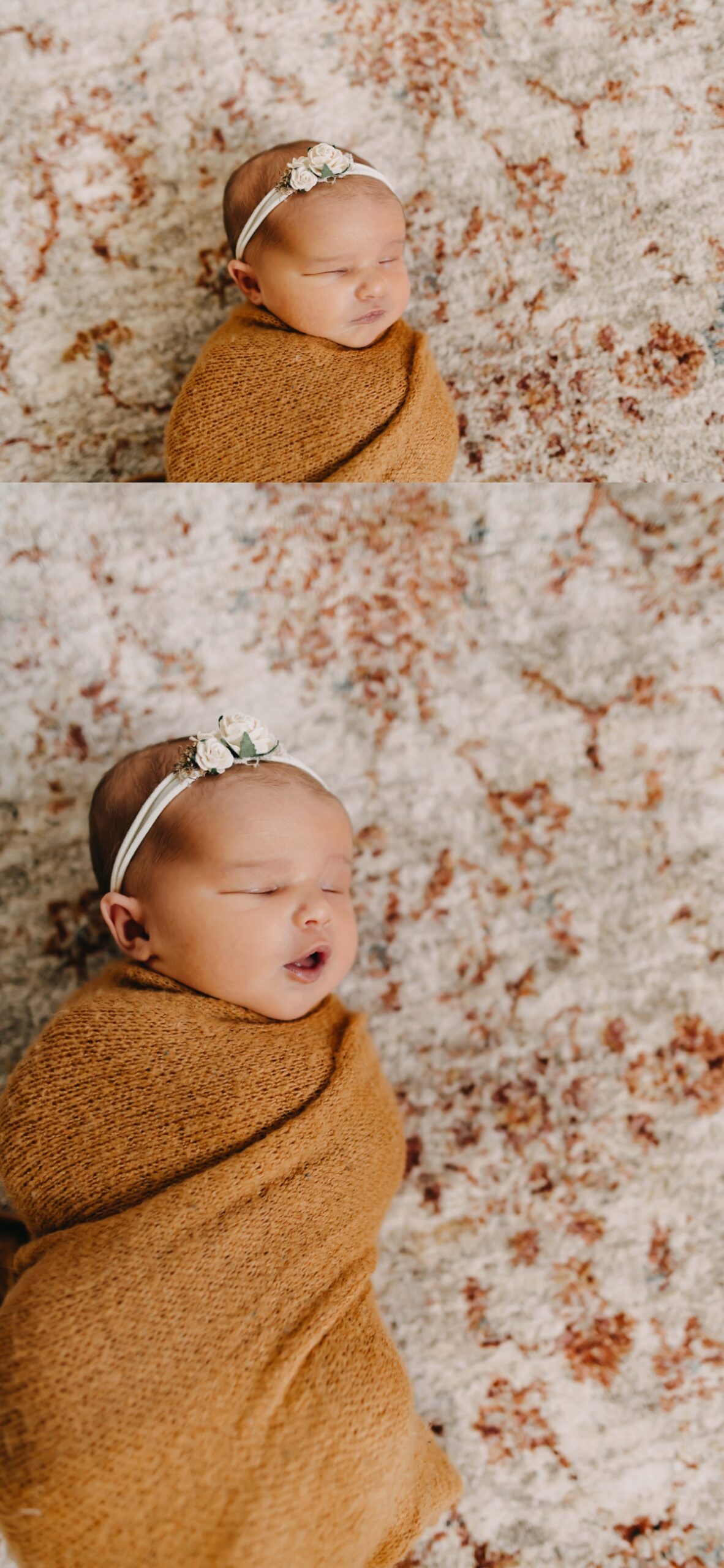Newborn photos with a baby girl wrapped with a flower headband