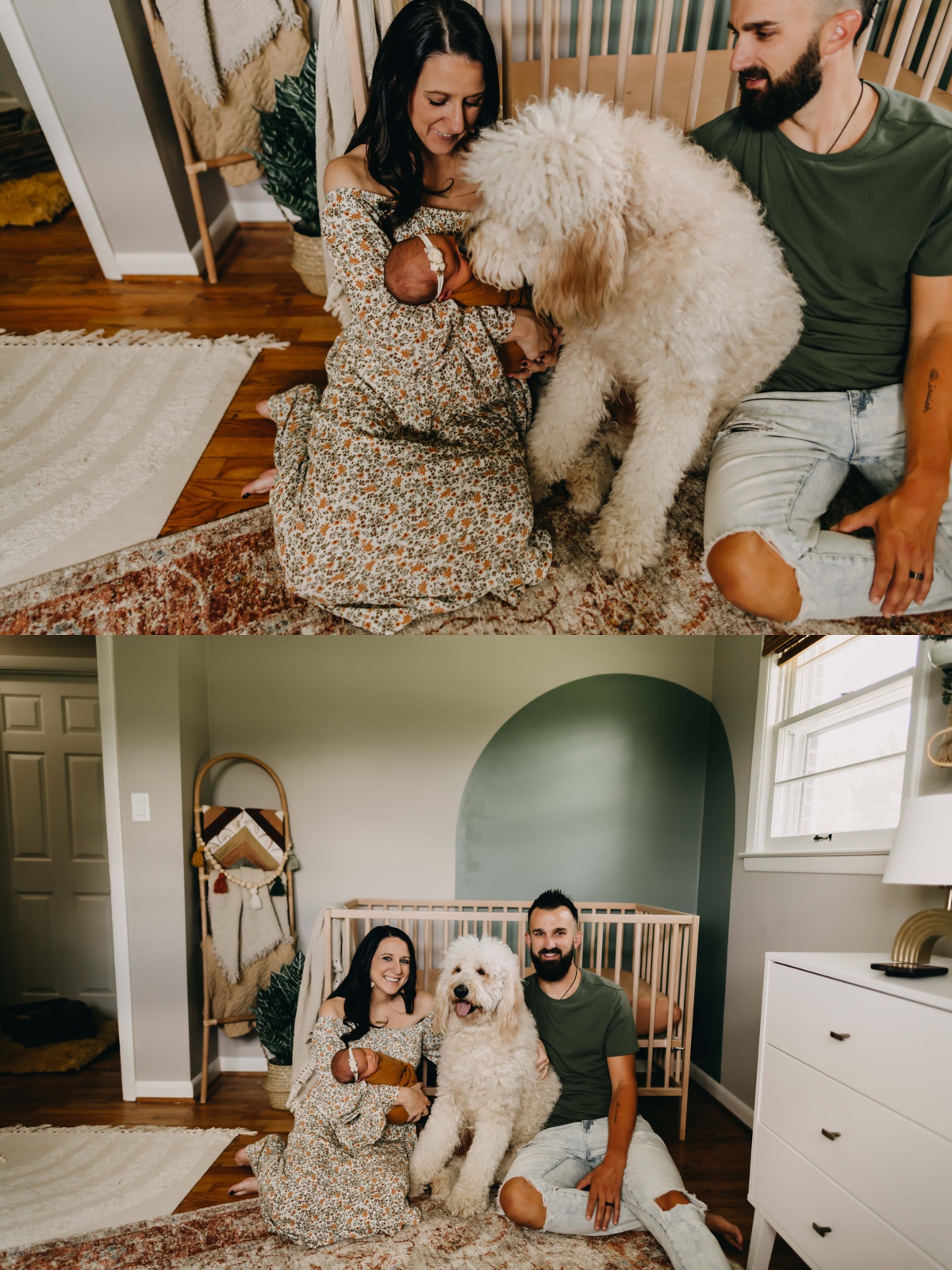 Portrait photos of a mom and dad with their newborn baby and their pet golden doodle 