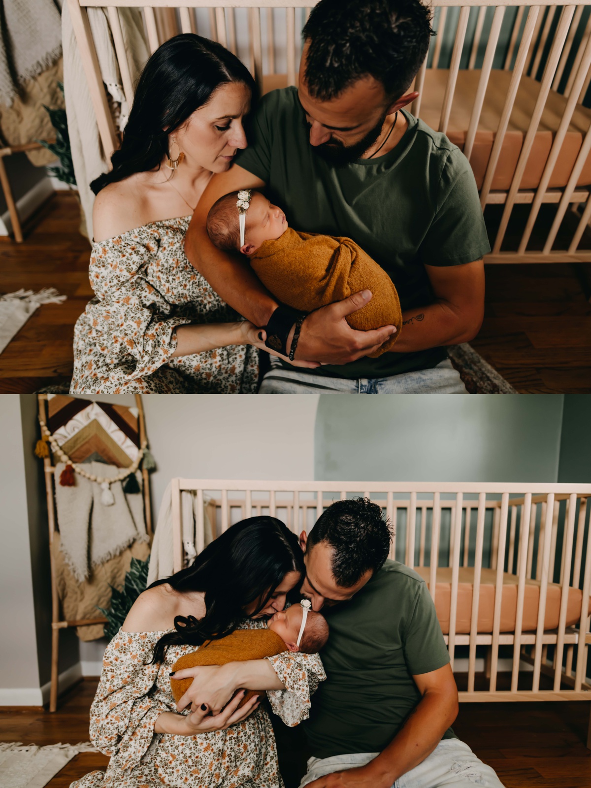 Portrait photos of a mom and dad with their newborn baby in the nursery during their newborn baby photo session.
