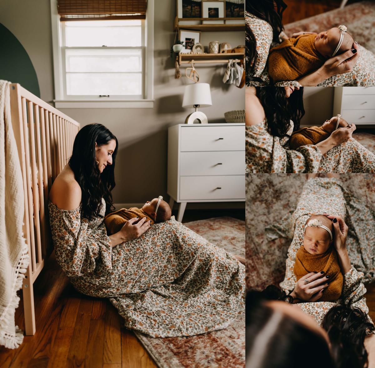 Photos of mom and newborn baby girl in her nursery after their IVF journey during their at home newborn baby photo session.