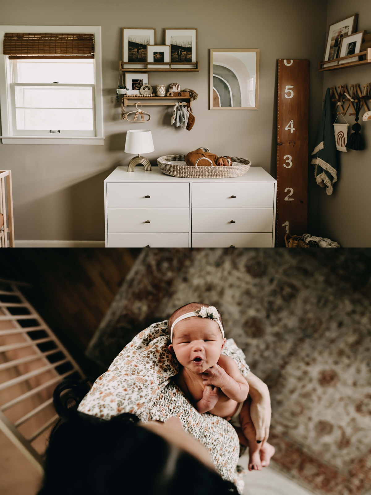 Photos of a newborn in her nursery with her mom